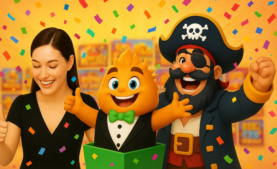 Vuela confeti verde claro, el pirata y la niña están felices.