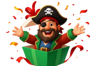 El pirata salta de la caja y vuela confeti